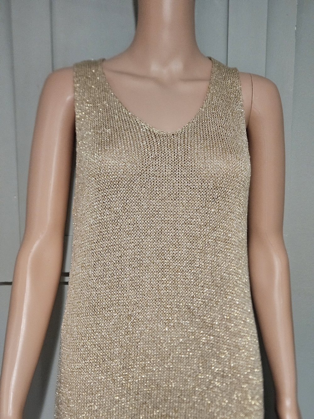 YUNIKA Made in Italy Gold Metallic Knit Midi Dress Sparkle Sleeveless. S/M - Picture 5 of 16
